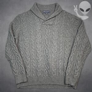 Brooks Brothers XXL Gray Merino Wool Cable Knit Shawl Neck Sweater Vintage 90s